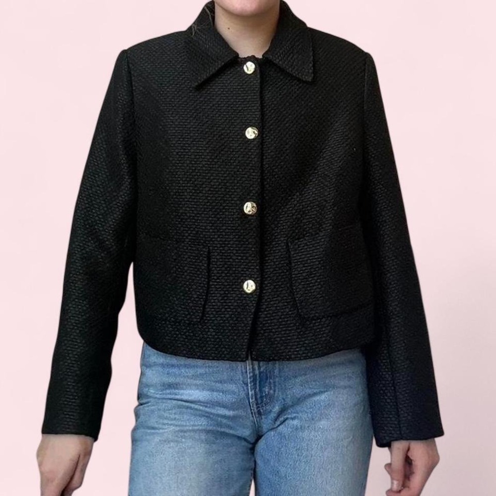 H&M Black Textured Tweed Cropped Jacket with Gold Buttons